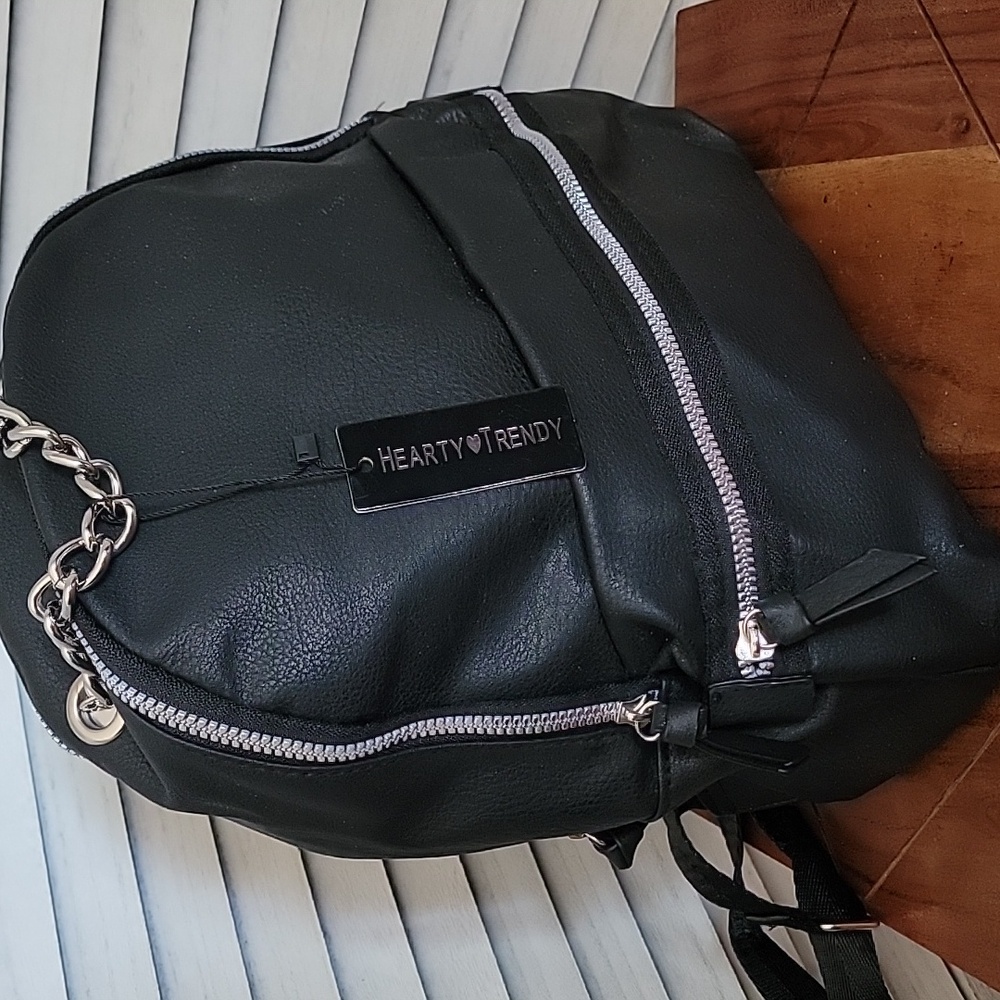 NWT Hearty Trendy Black Matte Backpack w/ Silver Chain Detail